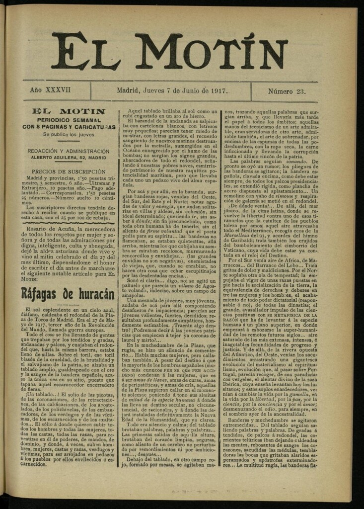 Miniatura de El Motín: periódico satírico semanal del 7 de junio de 1917. Año 37. Número 23
