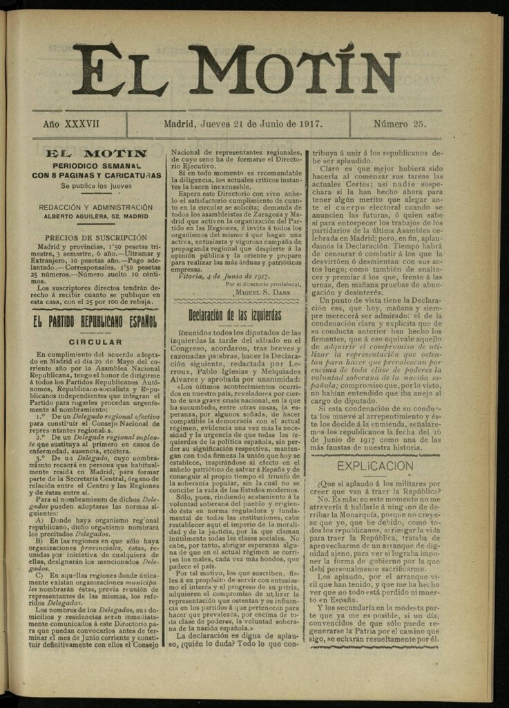 Miniatura de El Motín: periódico satírico semanal del 21 de junio de 1917. Año 37. Número 25