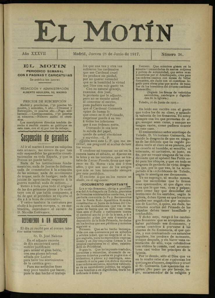 Miniatura de El Motín: periódico satírico semanal del 28 de junio de 1917. Año 37. Número 26