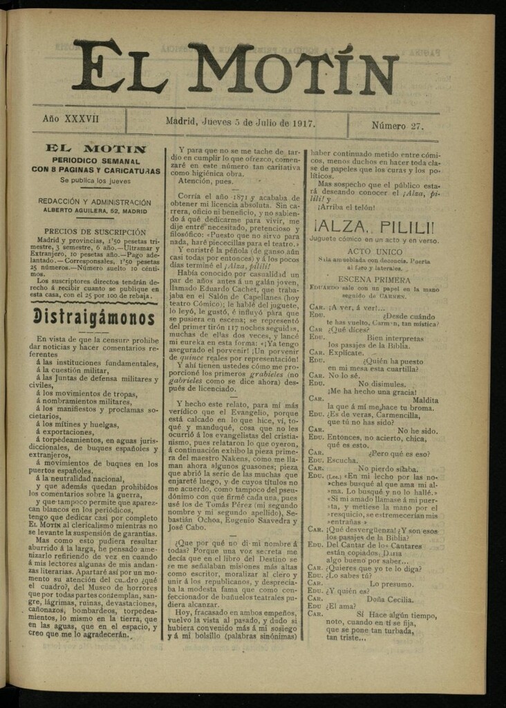 Miniatura de El Motín: periódico satírico semanal del 5 de julio de 1917. Año 37. Número 27