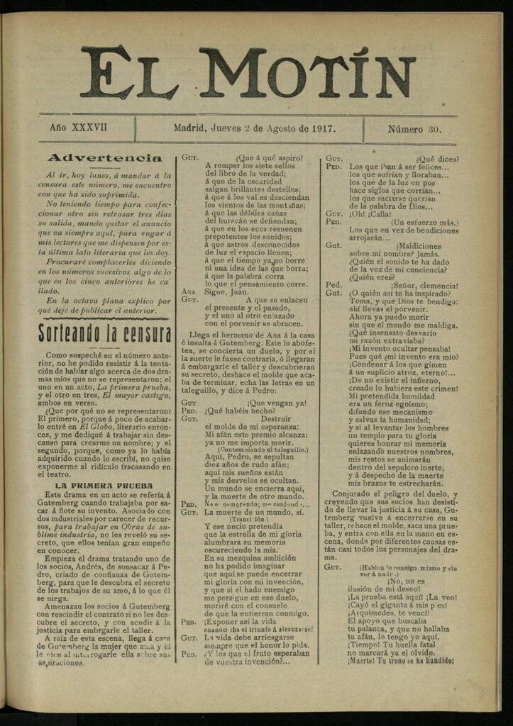 Miniatura de El Motín: periódico satírico semanal del 2 de agosto de 1917. Año 37. Número 30