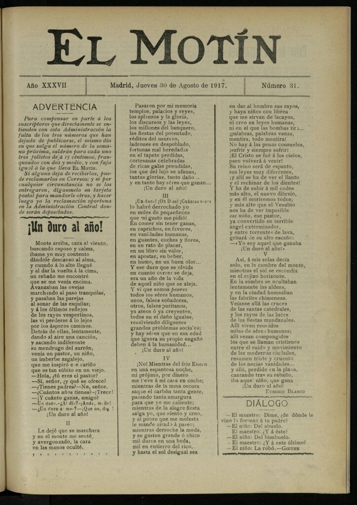 Miniatura de El Motín: periódico satírico semanal del 30 de agosto de 1917. Año 37. Número 31
