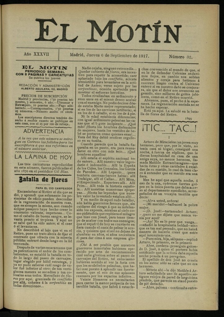 Miniatura de El Motín: periódico satírico semanal del 6 de septiembre de 1917. Año 37. Número 32