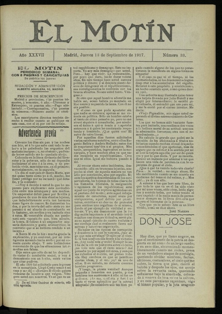 Miniatura de El Motín: periódico satírico semanal del 13 de septiembre de 1917. Año 37. Número 33