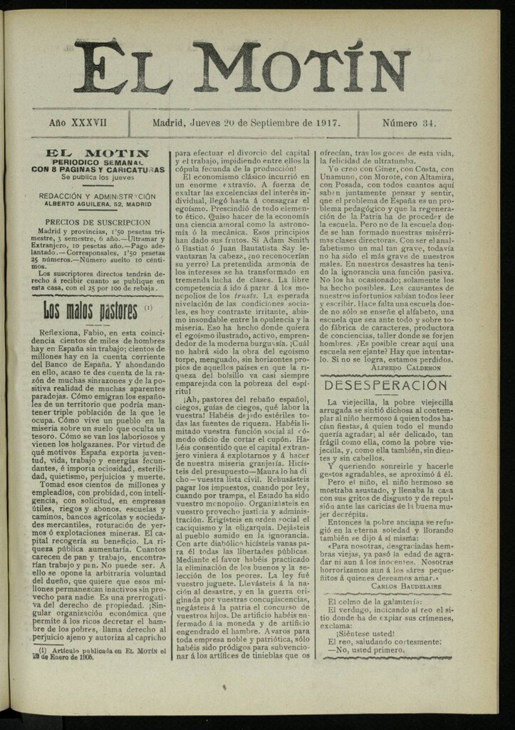 Miniatura de El Motín: periódico satírico semanal del 20 de septiembre de 1917. Año 37. Número 34