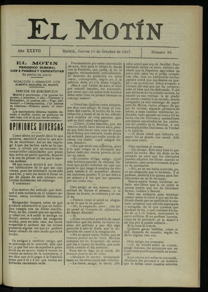 Miniatura de El Motín: periódico satírico semanal del 18 de octubre de 1917. Año 37. Número 38