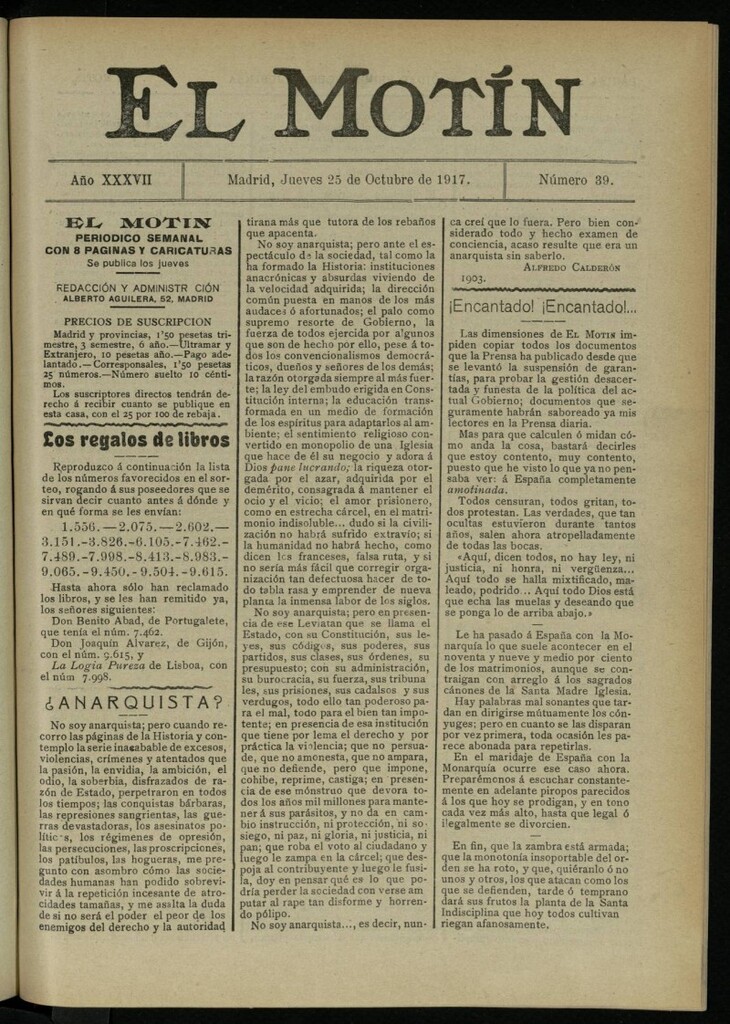 Miniatura de El Motín: periódico satírico semanal del 25 de octubre de 1917. Año 37. Número 39