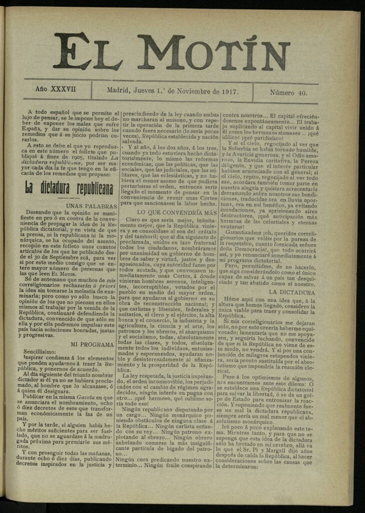 Miniatura de El Motín: periódico satírico semanal del 1 de noviembre de 1917. Año 37. Número 40