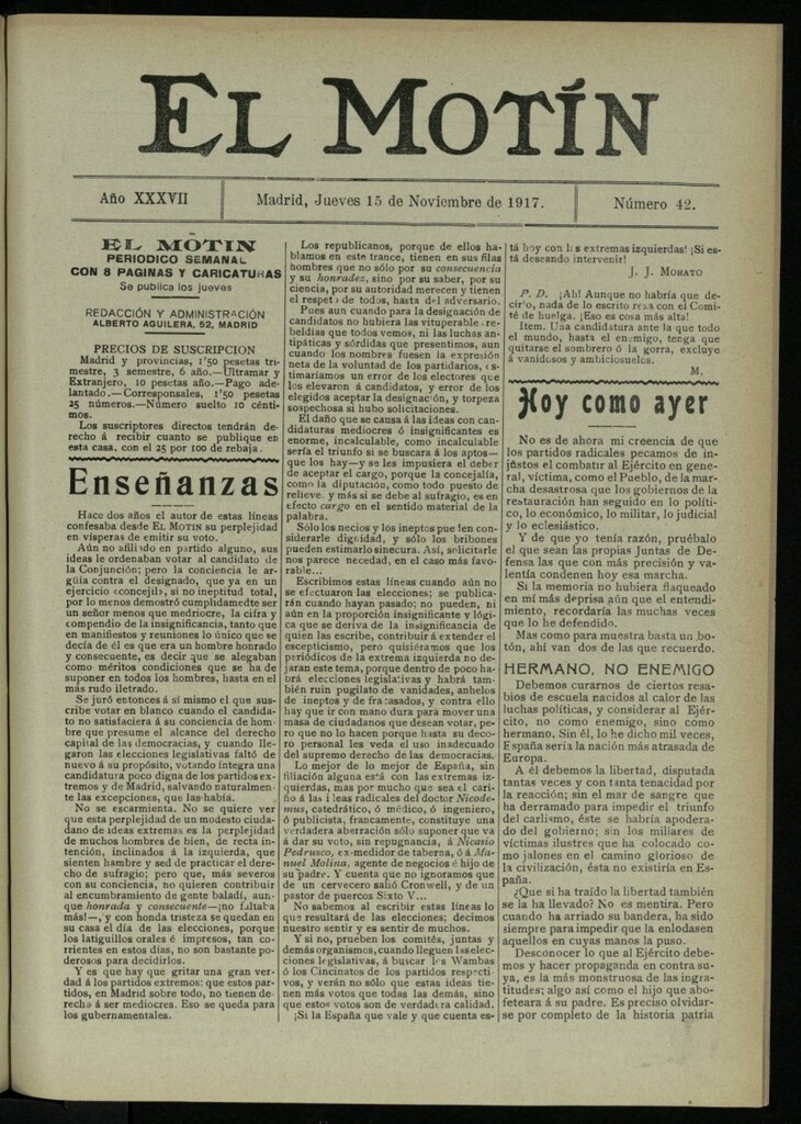 Miniatura de El Motín: periódico satírico semanal del 15 de noviembre de 1917. Año 37. Número 42