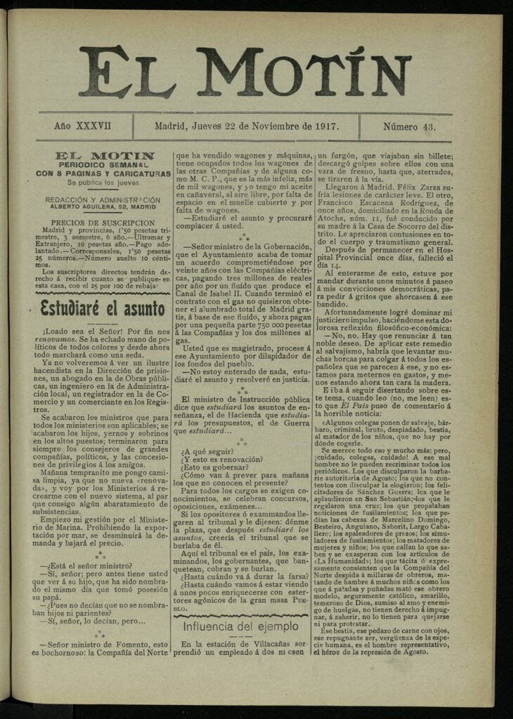 Miniatura de El Motín: periódico satírico semanal del 22 de noviembre de 1917. Año 37. Número 43