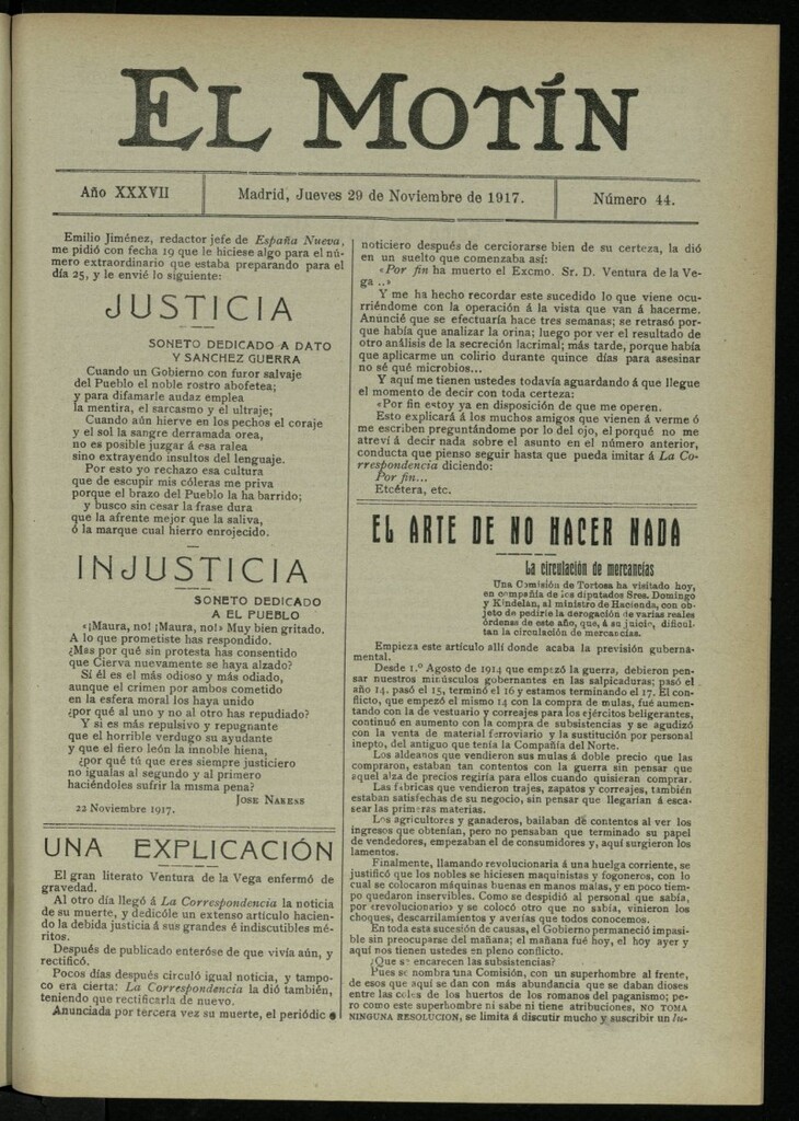 Miniatura de El Motín: periódico satírico semanal del 29 de noviembre de 1917. Año 37. Número 44