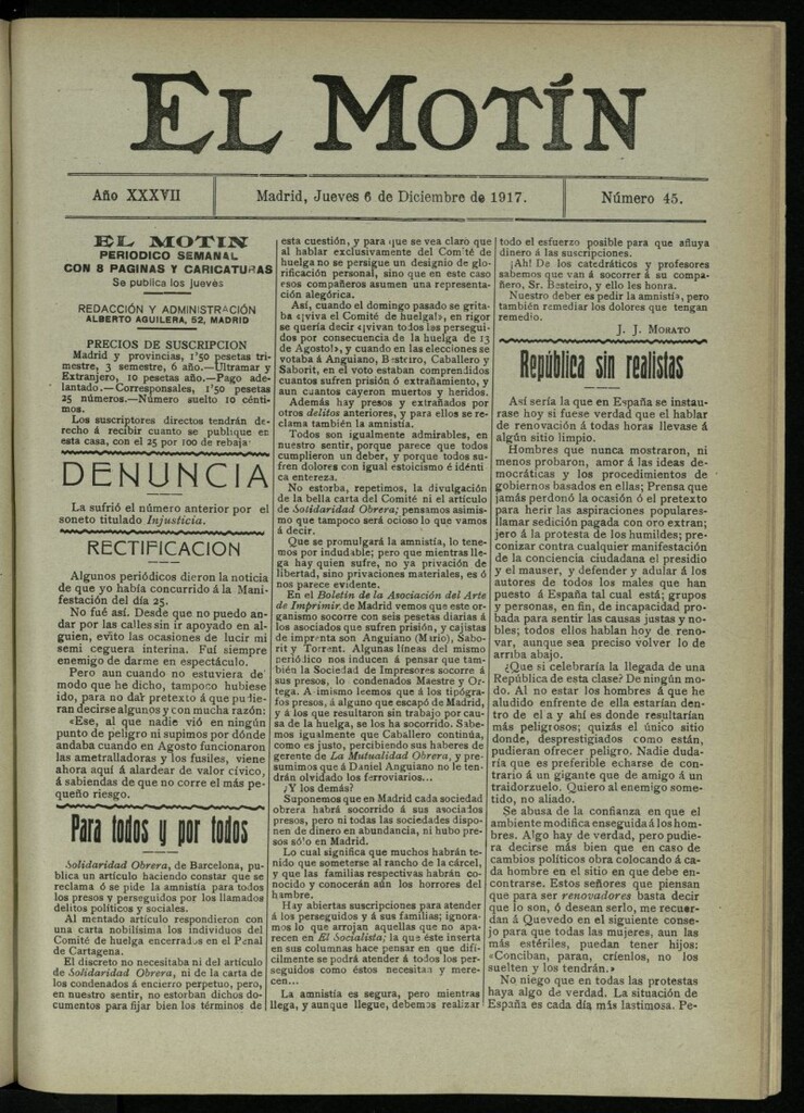 Miniatura de El Motín: periódico satírico semanal del 6 de diciembre de 1917. Año 37. Número 45