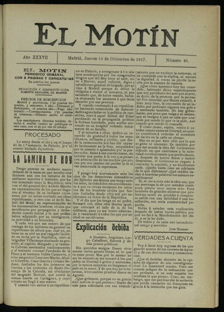 Miniatura de El Motín: periódico satírico semanal del 13 de diciembre de 1917. Año 37. Número 46