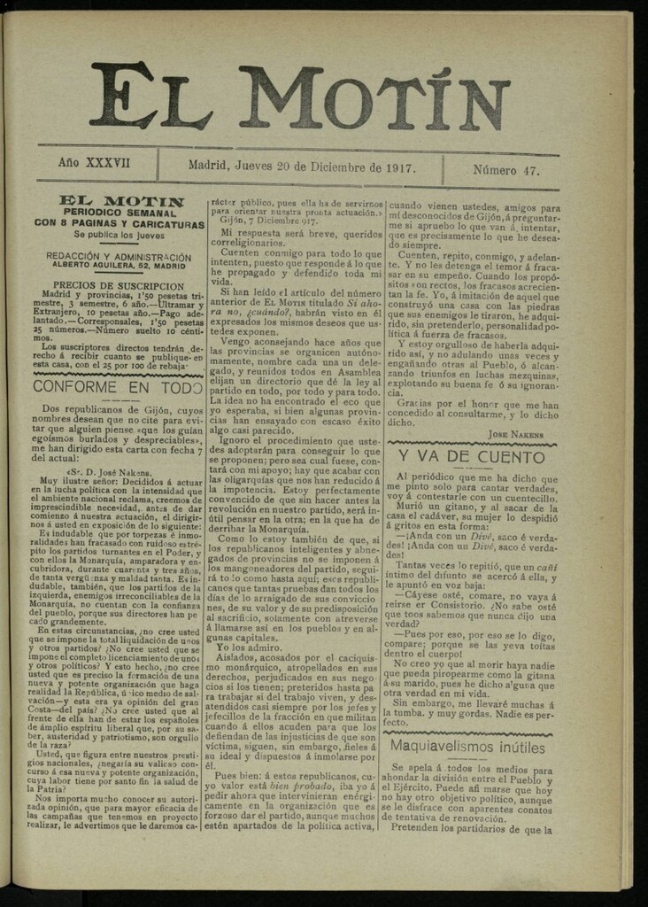 Miniatura de El Motín: periódico satírico semanal del 20 de diciembre de 1917. Año 37. Número 47