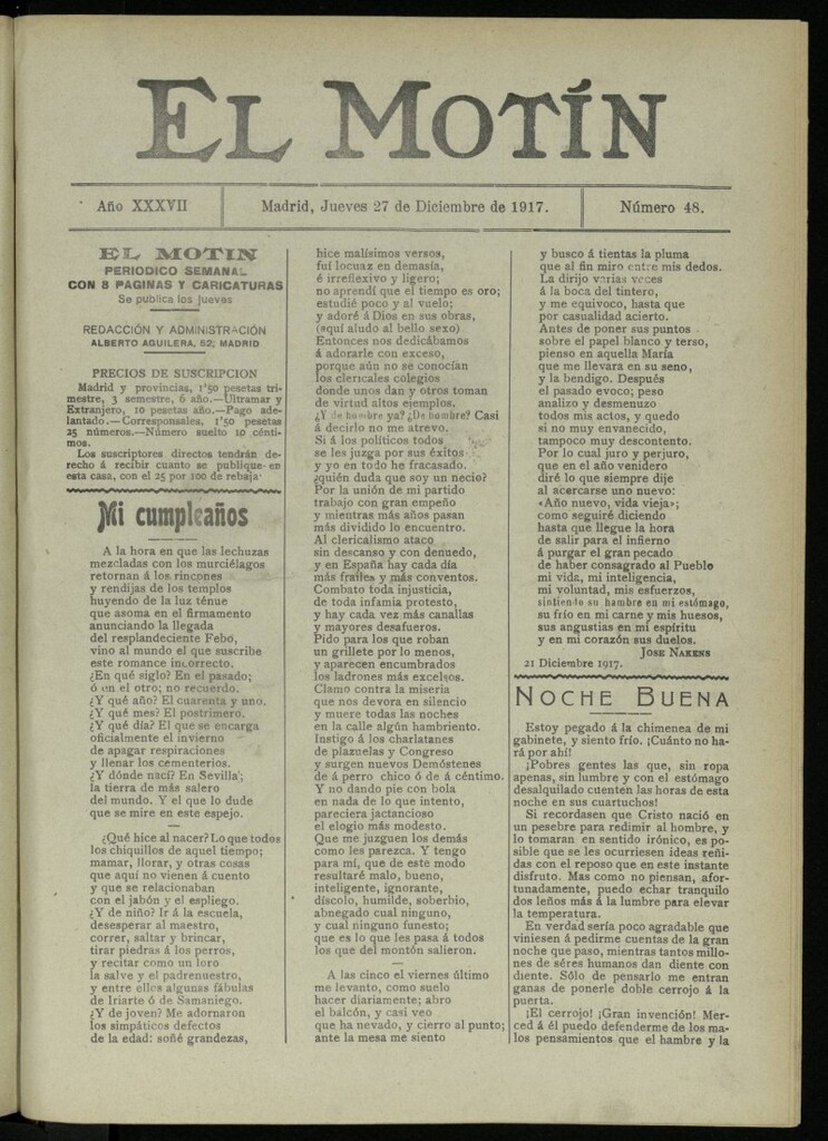 Miniatura de El Motín: periódico satírico semanal del 27 de diciembre de 1917. Año 37. Número 48