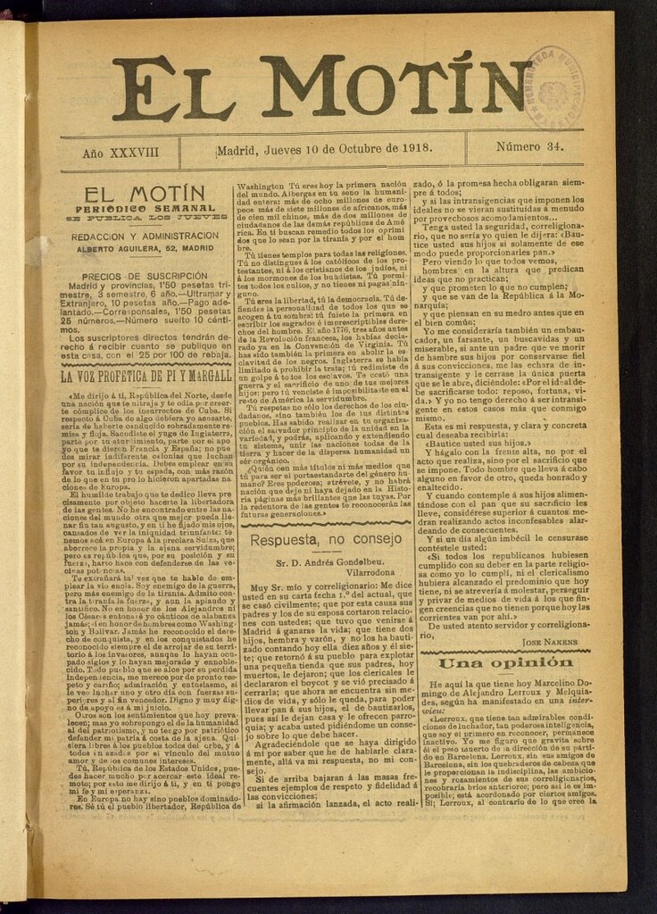 Miniatura de El Motín : periódico satírico semanal del 10 de octubre de 1918, nº 34