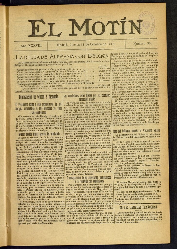 Miniatura de El Motín : periódico satírico semanal del 31 de octubre de 1918, nº 36