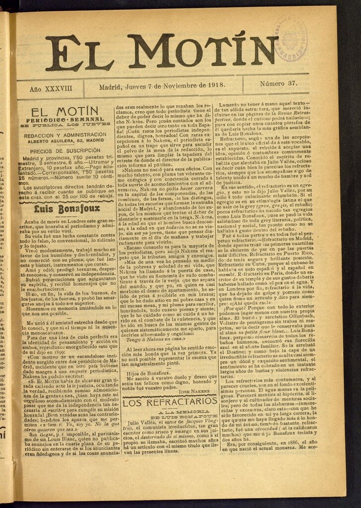 Miniatura de El Motín : periódico satírico semanal del 7 de noviembre de 1918, nº 37