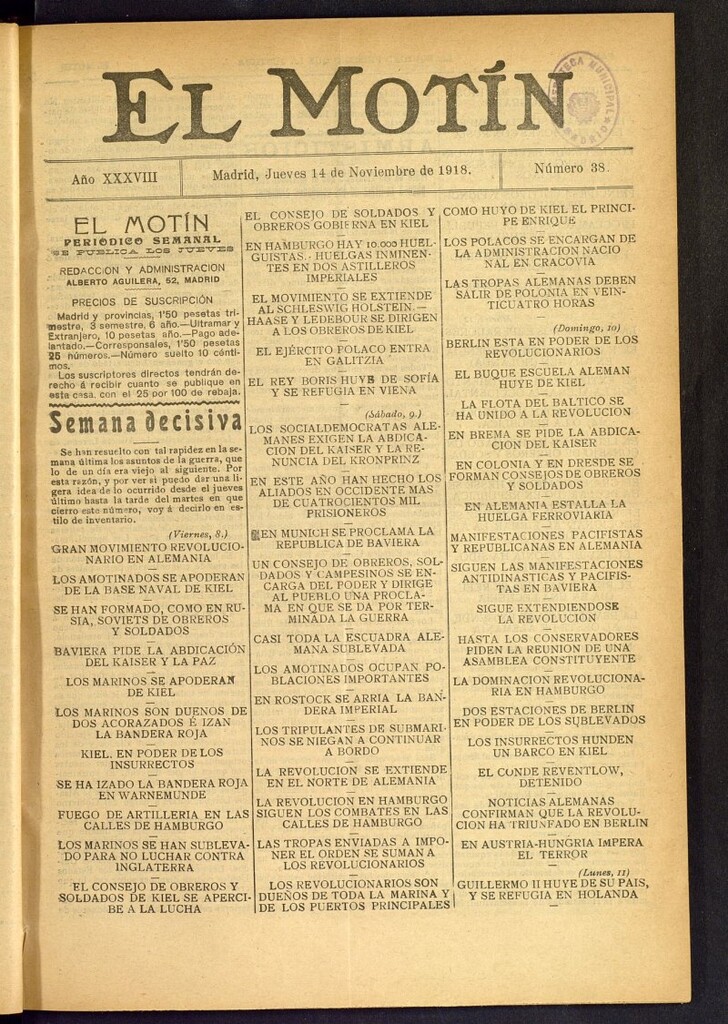 Miniatura de El Motín : periódico satírico semanal del 14 de noviembre de 1918, nº 38