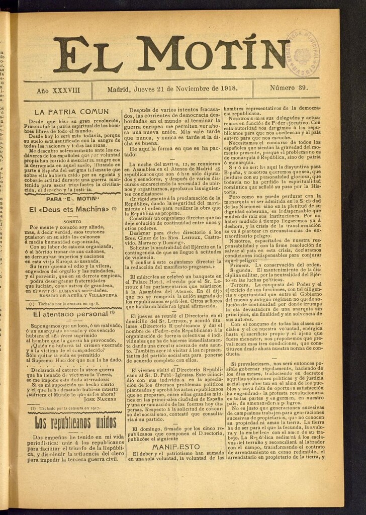 Miniatura de El Motín : periódico satírico semanal de 21 de noviembre de 1918, nº 39