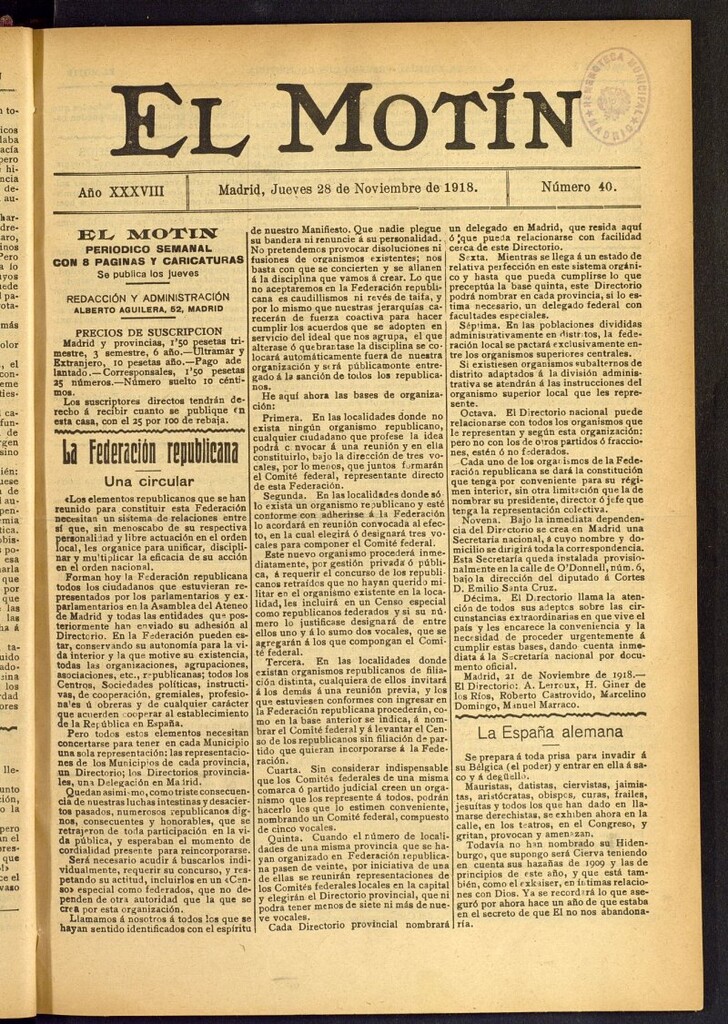 Miniatura de El Motín : periódico satírico semanal del 28 de noviembre de 1918, nº 40
