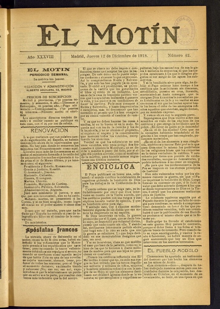 Miniatura de El Motín : periódico satírico semanal del 12 de diciembre de 1918, nº 42