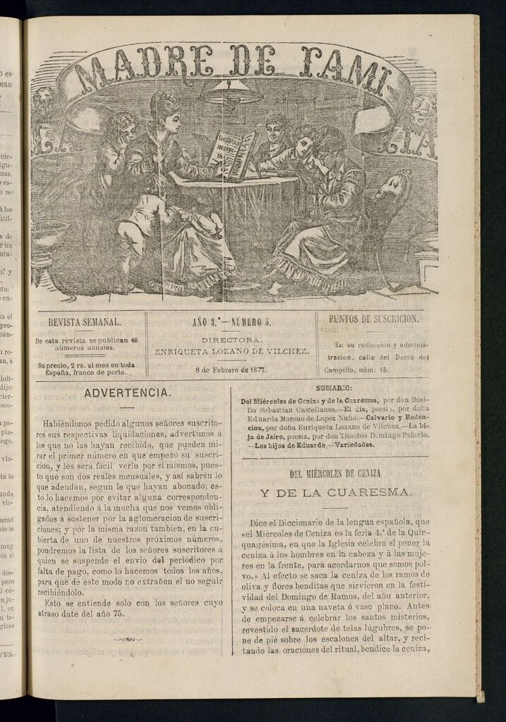 Miniatura de Madre de Familia : revista semanal del 8 de febrero de 1877