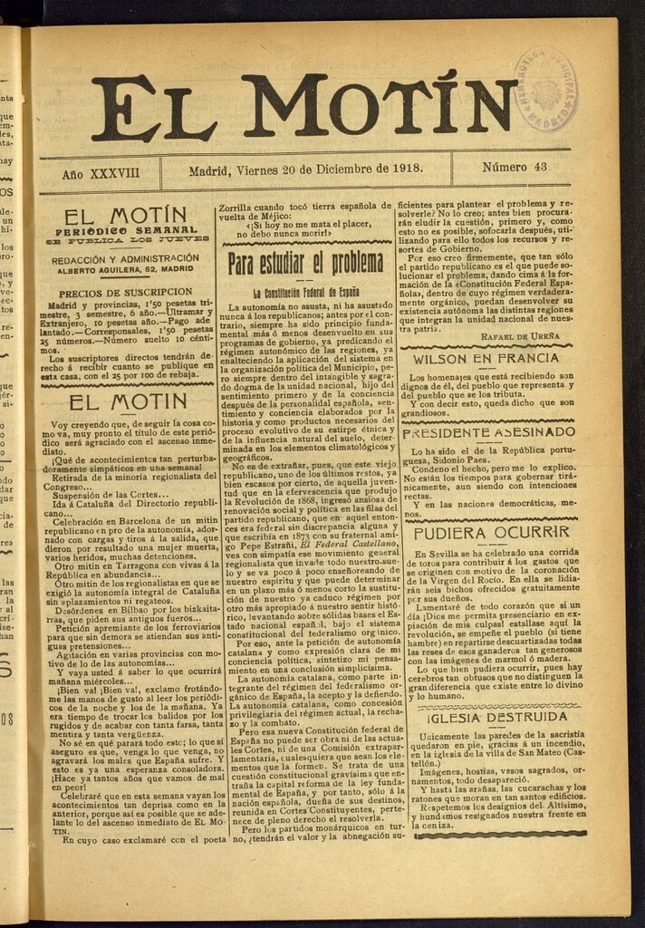 Miniatura de El Motín : periódico satírico semanal del 20 de diciembre de 1918, nº 43