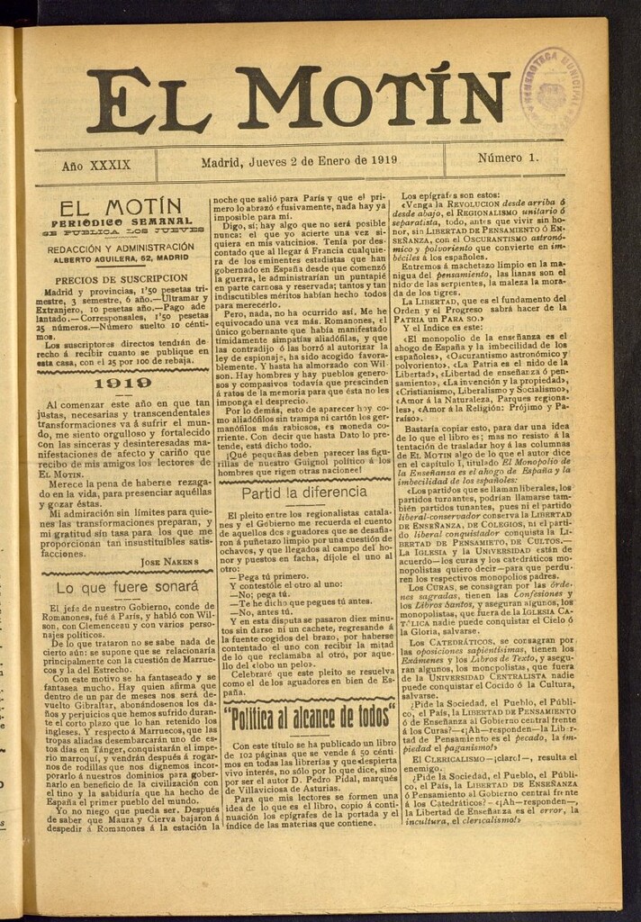 Miniatura de El Motín : periódico satírico semanal del 2 de enero de 1919, nº 1