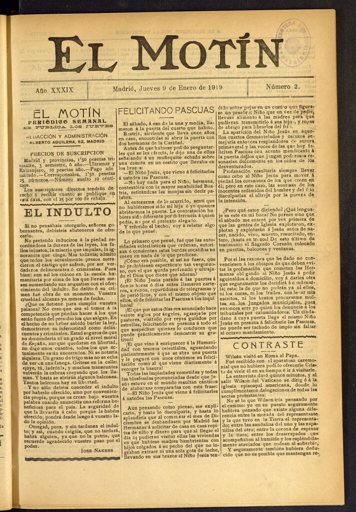 Miniatura de El Motín : periódico satírico semanal del 9 de enero de 1919, nº 2