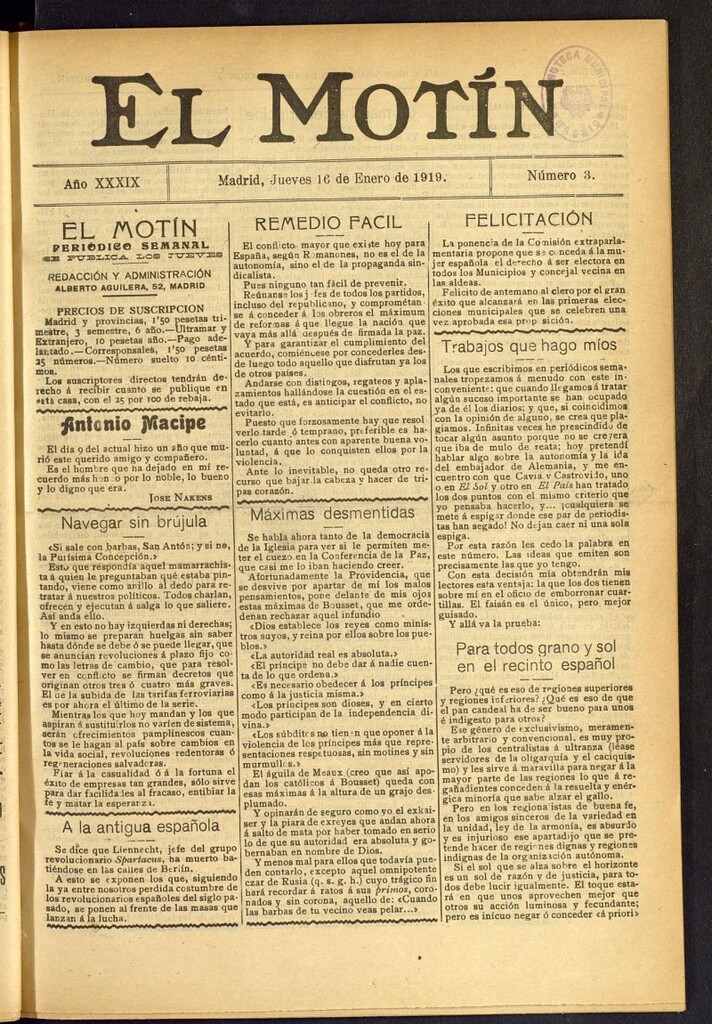 Miniatura de El Motín : periódico satírico semanal del 16 de enero de 1919, nº 3
