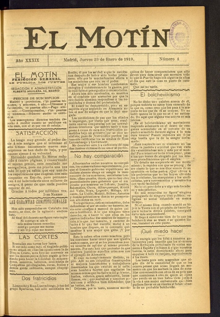 Miniatura de El Motín : periódico satírico semanal del 23 de enero de 1919, nº 4