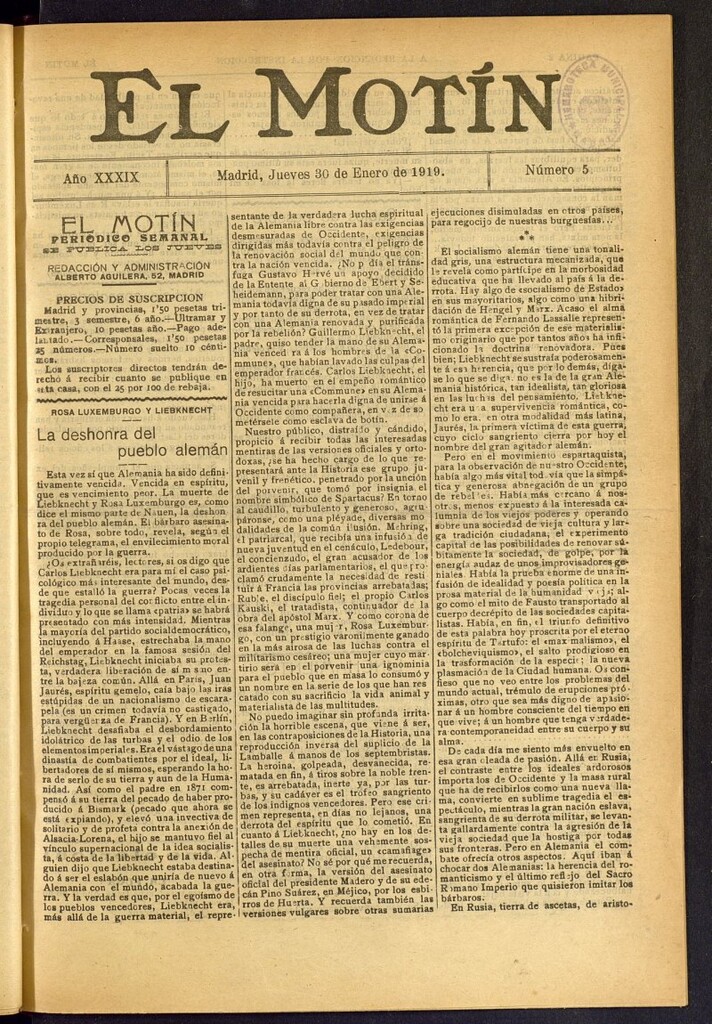Miniatura de El Motín : periódico satírico semanal del 30 de enero de 1919, nº 5