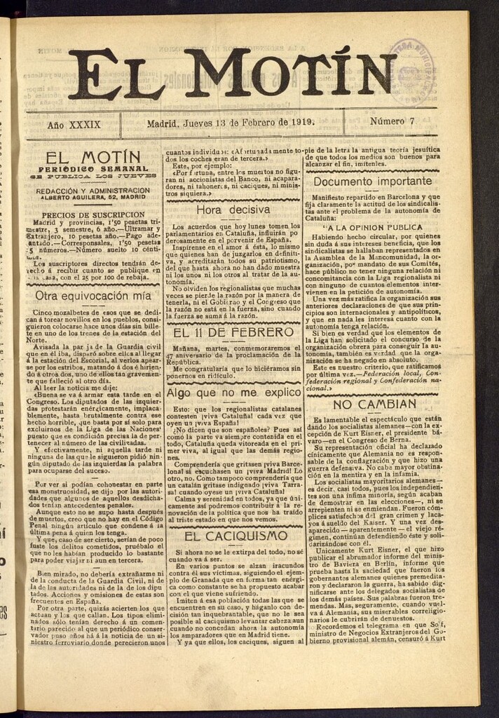 Miniatura de El Motín : periódico satírico semanal del 13 de febrero de 1919, nº 7