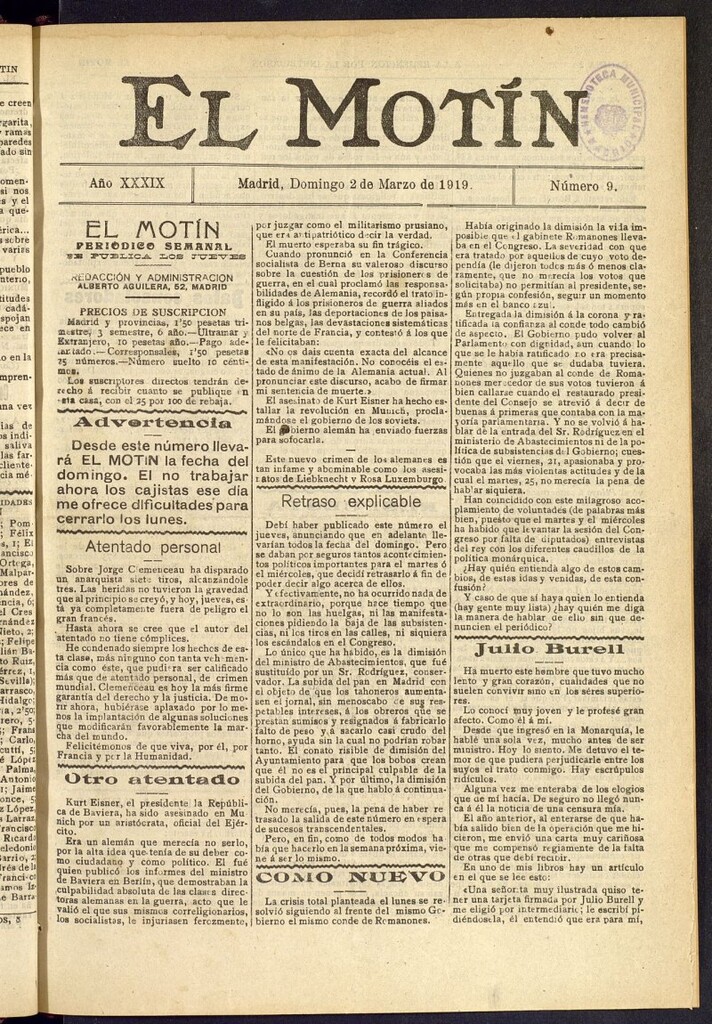 Miniatura de El Motín : periódico satírico semanal del 2 de marzo de 1919, nº 9
