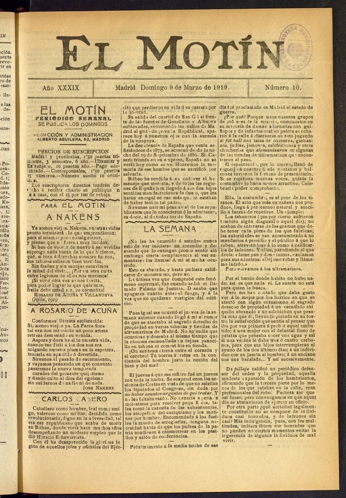 Miniatura de El Motín : periódico satírico semanal del 9 de marzo de 1919, nº 10