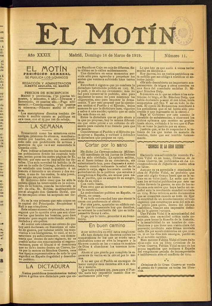 Miniatura de El Motín : periódico satírico semanal del 16 de marzo de 1919, nº 11