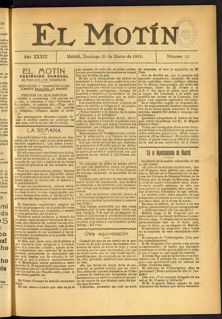 Miniatura de El Motín : periódico satírico semanal del 23 de marzo de 1919, nº 12