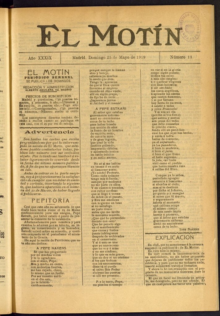 Miniatura de El Motín : periódico satírico semanal del 25 de mayo de 1919, nº 13