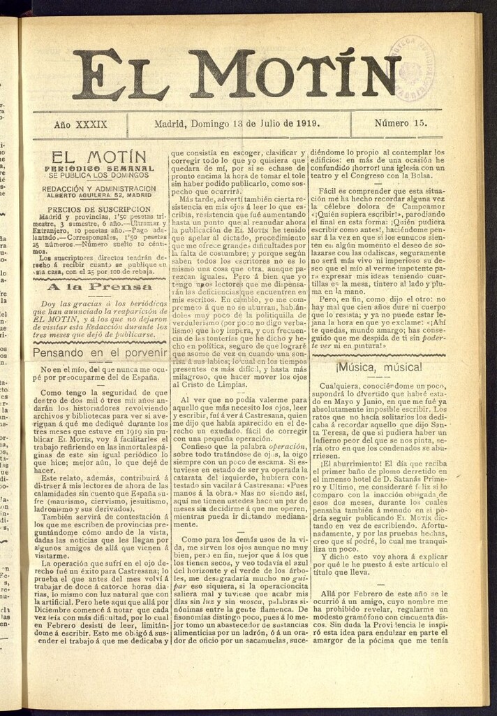 Miniatura de El Motín : periódico satírico semanal del 13 de julio de 1919, nº 15