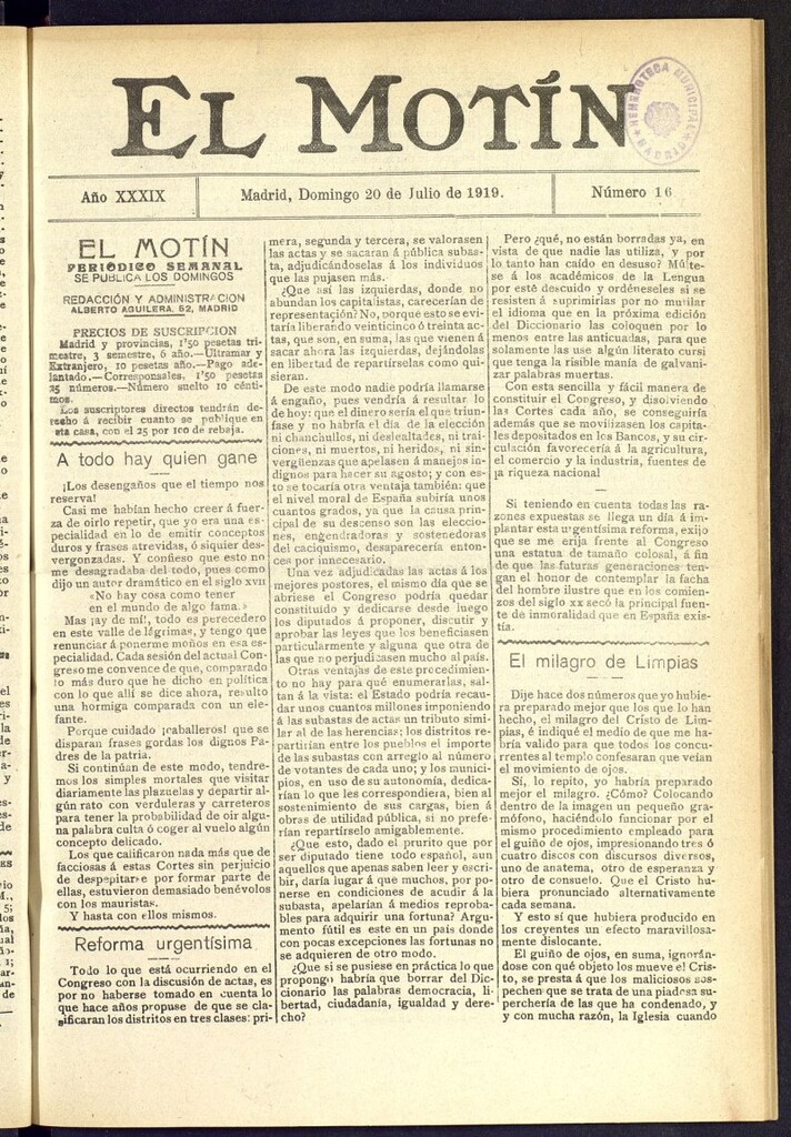 Miniatura de El Motín : periódico satírico semanal del 20 de julio de 1919, nº 16