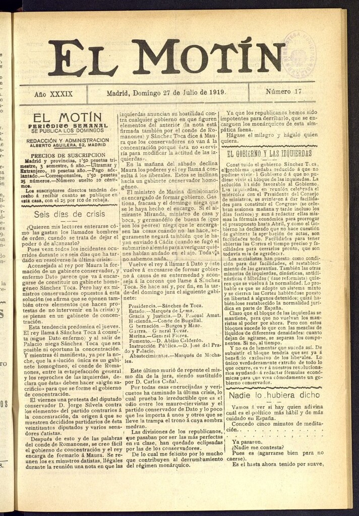 Miniatura de El Motín : periódico satírico semanal del 27 de julio de 1919, nº 17