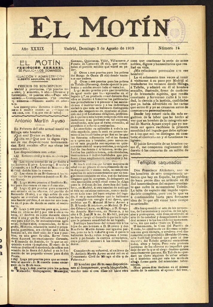 Miniatura de El Motín : periódico satírico semanal del 3 de agosto de 1919, nº 18