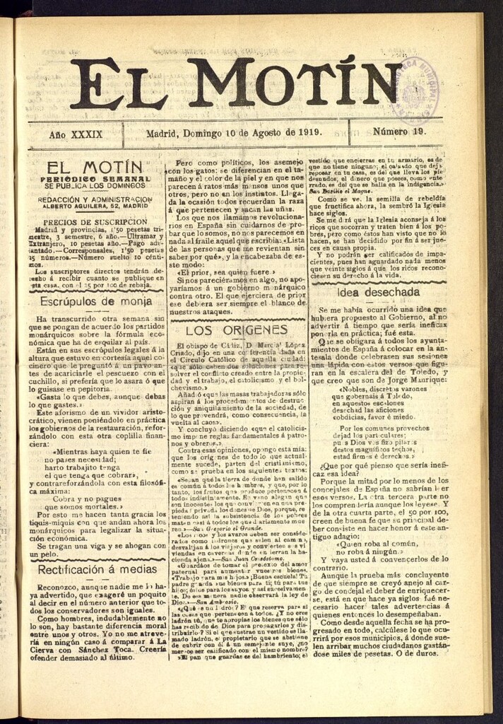 Miniatura de El Motín : periódico satírico semanal del 10 de agosto de 1919, nº 19