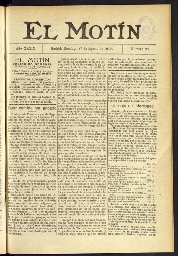 Miniatura de El Motín : periódico satírico semanal del 17 de agosto de 1919, nº 20