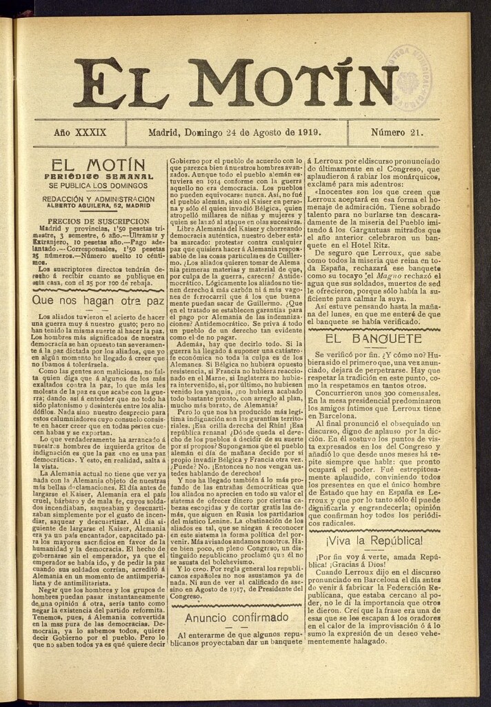 Miniatura de El Motín : periódico satírico semanal del 24 de agosto de 1919, nº 21