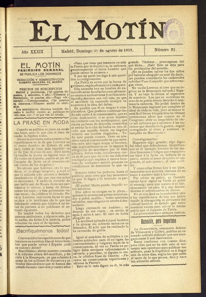 Miniatura de El Motín : periódico satírico semanal del 31 de agosto de 1919, nº 22