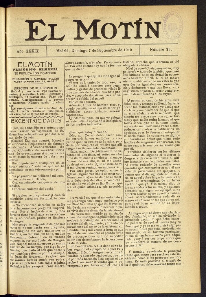 Miniatura de El Motín : periódico satírico semanal del 7 de septiembre de 1919, nº 23