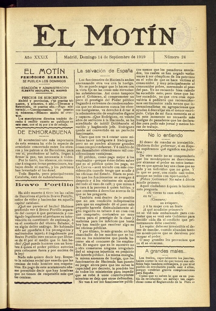 Miniatura de El Motín : periódico satírico semanal del 14 de septiembre de 1919, nº 24