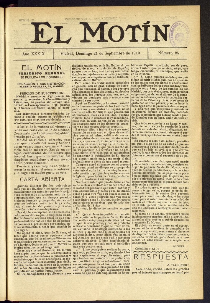 Miniatura de El Motín : periódico satírico semanal del 21 de septiembre de 1919, nº 25